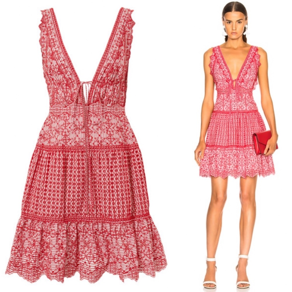 JONATHAN SIMKHAI Stripe Eyelet Gathered Mini Dress
Red & White in Size XS